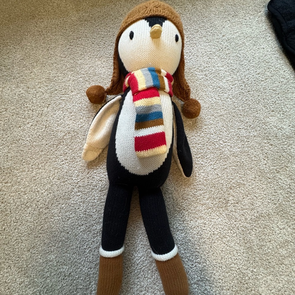 Cozy Knit Penguin Stuffed Animal with Striped Scarf